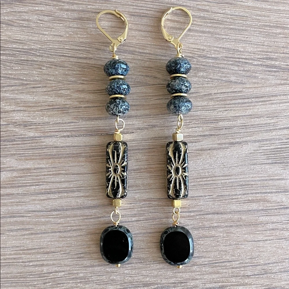 HAND CRAFTED CZECH GLASS EARRINGS Black Gold Long Bohemian Dangles